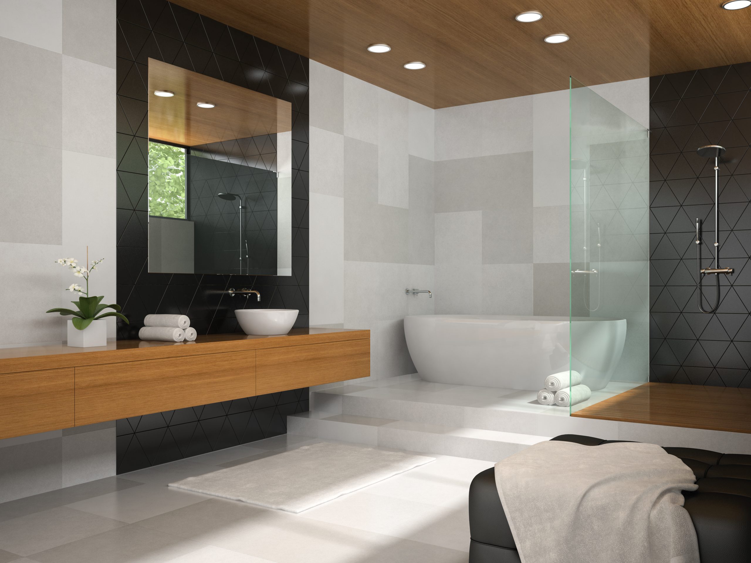 Interior of  bathroom with wooden ceiling 3D rendering