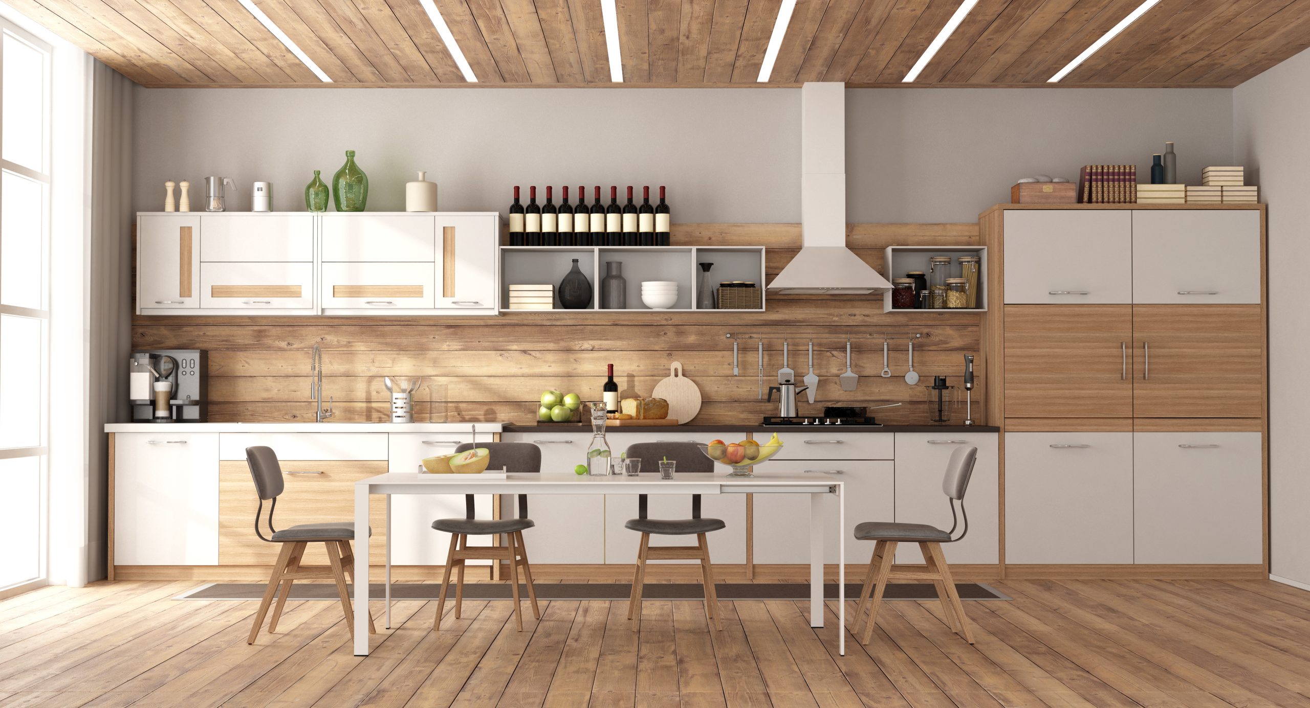 Modern white and wooden kitchen with dining table on hardwood floor - 3d rendering