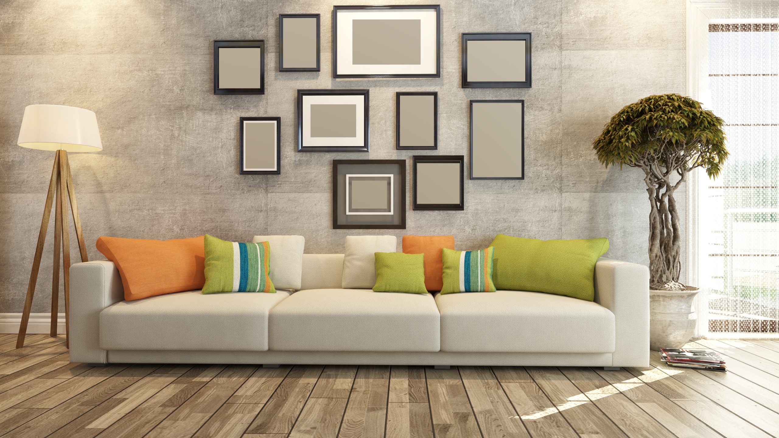 interior design with frames on concrete wall 3d rendering
